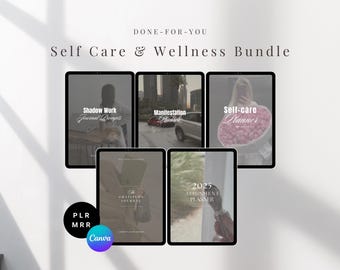 May include: A digital product bundle for self-care and wellness. The bundle includes five digital planners and journals: Shadow Work Journal Prompts, Manifestation Planner, Self-Care Planner, Gratitude Journal, and 2025 Alignment Planner. The planners and journals are displayed on a white background with a shadow effect.