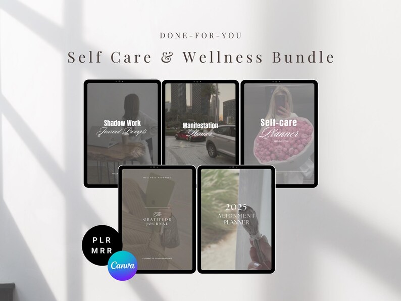 K&ouml;nnte beinhalten: Ein digitales Produktpaket f&uuml;r Selbstpflege und Wellness. Das Paket enth&auml;lt f&uuml;nf digitale Planer und Journale: Shadow Work Journal Prompts, Manifestation Planner, Self-Care Planner, Gratitude Journal und 2025 Alignment Planner. Die Planer und Journale werden auf einem wei&szlig;en Hintergrund mit einem Schattenstil angezeigt.