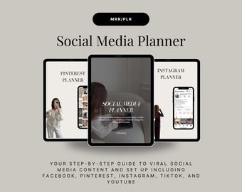 May include: A digital social media planner with the text "Social Media Planner" displayed on a tablet. The image includes a Pinterest planner, an Instagram planner, and a step-by-step guide for social media content, including Facebook, Pinterest, Instagram, TikTok, and YouTube.