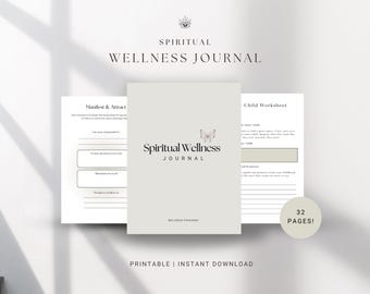 May include: A printable spiritual wellness journal with a butterfly design. The cover features the text "Spiritual Wellness Journal" and the words "Manifest & Attract" and "Child Worksheet" are visible on the pages.