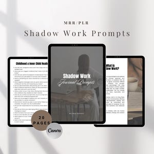 Puede incluir: Tres páginas de diario digital con el título "Shadow Work Journal Prompts" y el texto "What is Shadow Work?" y "Childhood & Inner Child Healing". Las páginas se muestran sobre un fondo blanco con sombras.