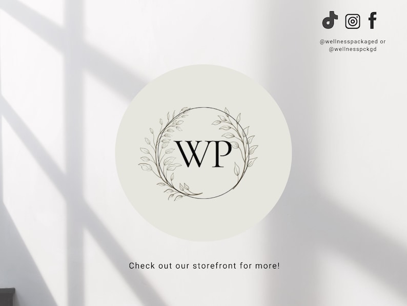 K&ouml;nnte beinhalten: Ein wei&szlig;er Kreis mit einem schwarzen floralen Kranz und den Buchstaben "WP" in der Mitte. Der Text "Check out our storefront for more!" befindet sich unterhalb des Kreises.