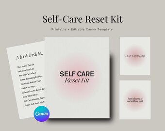 May include: A self-care reset kit with the title "Self-Care Reset Kit" in a soft, elegant font. The kit includes a printable and editable Canva template, with pages for journaling, affirmations, and planning. The kit's color scheme is soft pink and white.