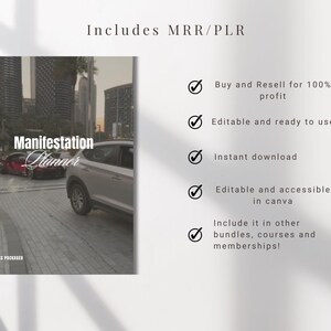 K&ouml;nnte beinhalten: Ein digitales Produkt-Mockup mit grauem Hintergrund und einer wei&szlig;en Checkliste. Die Liste enth&auml;lt Folgendes: Kaufen und weiterverkaufen f&uuml;r 100 % Gewinn, Bearbeitbar und einsatzbereit, Sofortiger Download, Bearbeitbar und zug&auml;nglich in Canva, In anderen Paketen, Kursen und Mitgliedschaften enthalten! Das Bild enth&auml;lt auch ein Foto eines Autos und den Text "Manifestation Planner".