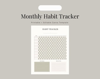 May include: A printable monthly habit tracker template with a neutral color scheme. The design includes a grid for tracking habits, spaces for top goals, and reflection notes. The text "Monthly Habit Tracker" and "Printable + Editable Canva Template" are displayed.