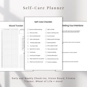May include: A printable self-care planner with sections for mood tracking, a self-care checklist, and setting intentions. The planner includes prompts for mindful breathing, moving your body, eating a nourishing meal, taking a relaxing bath, prioritizing quality sleep, doing a face mask, spending time in nature, doing skincare, journaling your thoughts, taking a break from your phone, watching your favorite movie, lighting a candle, listening to calming music, going to the salon, making yourself a beverage, expressing gratitude, drinking a glass of water, taking a peaceful walk, creating something, practicing affirmations, calling someone you miss, and practicing meditation.