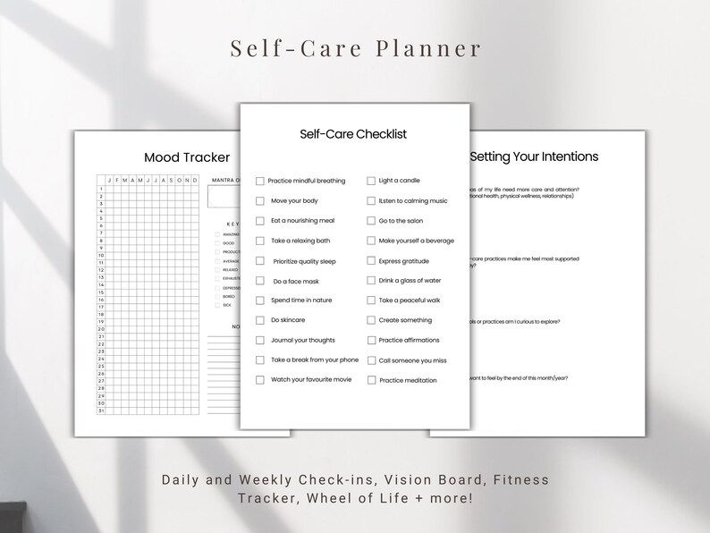 May include: A printable self-care planner with sections for mood tracking, a self-care checklist, and setting intentions. The planner includes prompts for mindful breathing, moving your body, eating a nourishing meal, taking a relaxing bath, prioritizing quality sleep, doing a face mask, spending time in nature, doing skincare, journaling your thoughts, taking a break from your phone, watching your favorite movie, lighting a candle, listening to calming music, going to the salon, making yourself a beverage, expressing gratitude, drinking a glass of water, taking a peaceful walk, creating something, practicing affirmations, calling someone you miss, and practicing meditation.