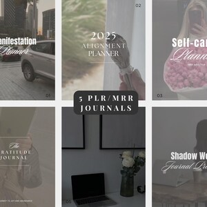 K&ouml;nnte beinhalten: Eine Collage aus f&uuml;nf verschiedenen Journal-Covern mit Titeln wie "Manifestation Planner", "2025 Alignment Planner", "Self-care Planner", "The Gratitude Journal" und "Shadow Work Journal Prompts".