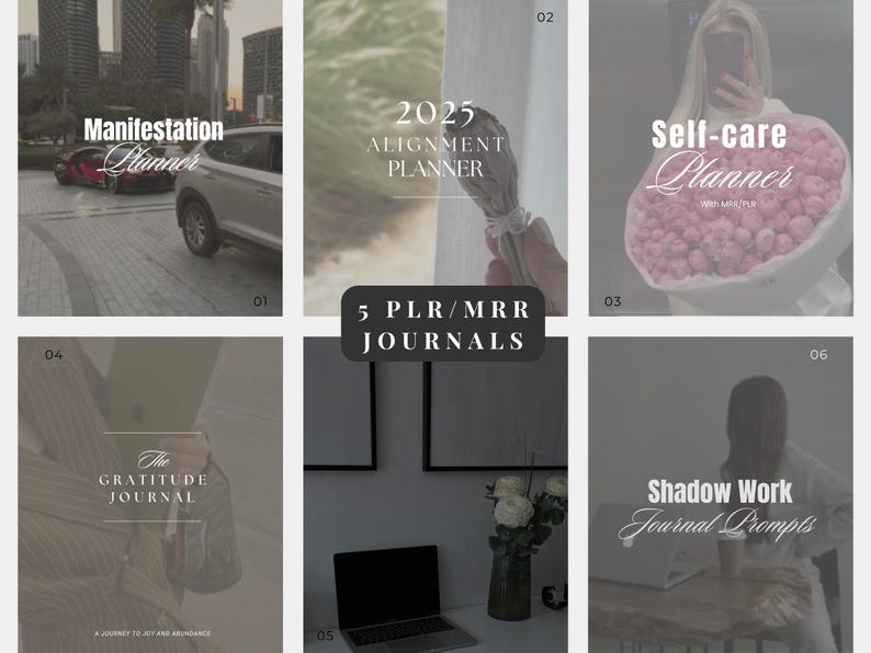 K&ouml;nnte beinhalten: Eine Collage aus f&uuml;nf verschiedenen Journal-Covern mit Titeln wie "Manifestation Planner", "2025 Alignment Planner", "Self-care Planner", "The Gratitude Journal" und "Shadow Work Journal Prompts".