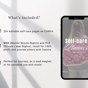 May include: A digital product mockup for a self-care planner with the text "Self-care Planner" and "With MRR/PLR". The planner is designed with a pink and white floral theme. The text "What's Included?" is listed with checkmarks and details about the product.