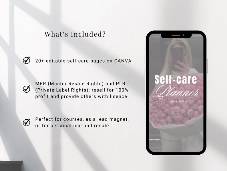 May include: A digital product mockup for a self-care planner with the text "Self-care Planner" and "With MRR/PLR". The planner is designed with a pink and white floral theme. The text "What's Included?" is listed with checkmarks and details about the product.