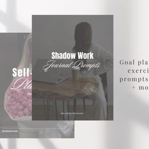 K&ouml;nnte beinhalten: Ein digitaler Download f&uuml;r ein Selbsthilfe-Tagebuch mit dem Text "Shadow Work Journal Prompts" und "Goal planning, exercises, prompts, tools + more!" Das Tagebuch soll Menschen helfen, ihr Schatten-Ich zu erforschen und pers&ouml;nliche Herausforderungen zu bew&auml;ltigen.