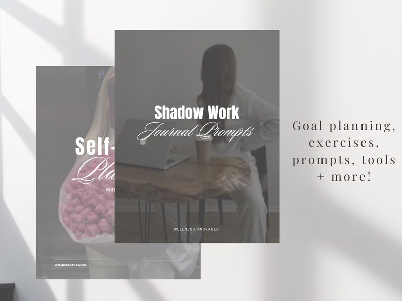 K&ouml;nnte beinhalten: Ein digitaler Download f&uuml;r ein Selbsthilfe-Tagebuch mit dem Text "Shadow Work Journal Prompts" und "Goal planning, exercises, prompts, tools + more!" Das Tagebuch soll Menschen helfen, ihr Schatten-Ich zu erforschen und pers&ouml;nliche Herausforderungen zu bew&auml;ltigen.