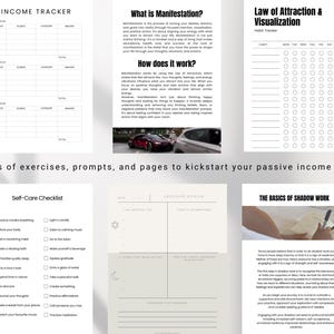 K&ouml;nnte beinhalten: Eine Collage aus druckbaren Arbeitsbl&auml;ttern und Journal-Seiten mit Titeln wie "Einkommenstracker", "Was ist Manifestation?", "Wie funktioniert es?", "Gesetz der Anziehung und Visualisierung", "Selbstpflege-Checkliste", "Dankbarkeits-Tagebuch" und "Die Grundlagen der Schattenarbeit". Die Seiten sind in einem minimalistischen Stil mit einer neutralen Farbpalette gestaltet.