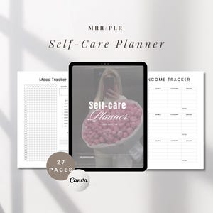May include: A printable self-care planner with 27 pages. The planner includes a mood tracker, income tracker, and a cover page with a woman holding a bouquet of pink flowers. The cover page text reads "Self-care Planner".