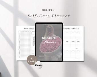 May include: A printable self-care planner with 27 pages. The planner includes a mood tracker, income tracker, and a cover page with a woman holding a bouquet of pink flowers. The cover page text reads "Self-care Planner".