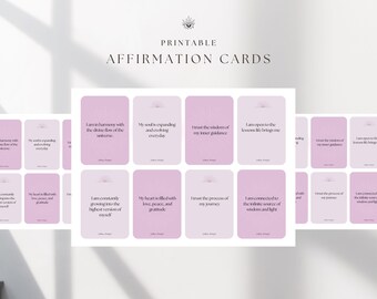 May include: Printable affirmation cards with a pink background and white text. The cards feature positive affirmations such as "I am constantly growing into the highest version of myself" and "I trust the wisdom of my inner guidance".