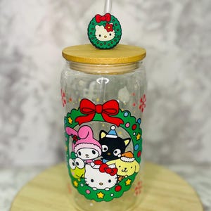 Christmas Kitty Glass Cup, Hello Coffee Cup, Kitty and friends Cup, Kitty Christmas Wreath Glass Cup, Christmas Gift, Gifts for her, Trendy