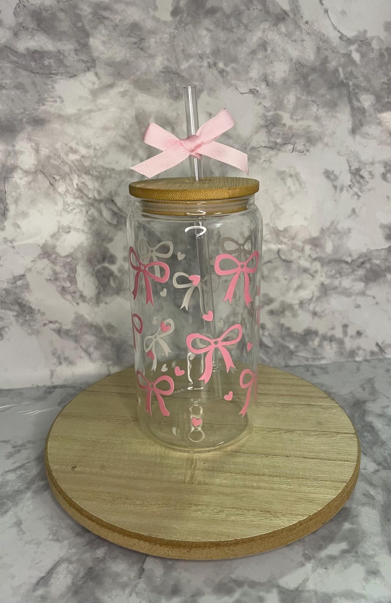 Pink Bow Cup, Coquette Bow Cup, 16oz Glass Cup, Pink Bow Glass Cup - Etsy