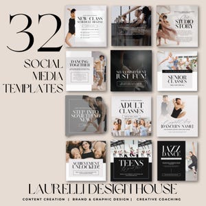 Puede incluir: Un conjunto de 32 plantillas de redes sociales para estudios de danza. Las plantillas presentan imágenes de bailarines y texto como "Nuevo horario de clases", "Bailando juntos" y "Clases para adultos". El logotipo de la casa de diseño está en la parte inferior.