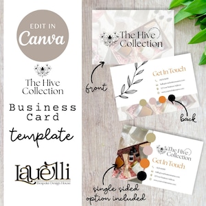 Può includere: Un modello di biglietto da visita con il testo "The Hive Collection" e "Business Card template". Il design include un logo a forma di ape e le parole "Edit in Canva". Il retro della carta dice "Get in Touch".