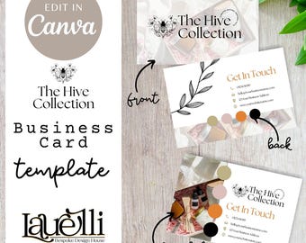 May include: A business card template with the text "The Hive Collection" and "Business Card template". The design includes a bee logo and the words "Edit in Canva". The back of the card says "Get in Touch".