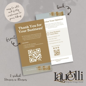 Op de afbeelding: Dubbelzijdige visitekaartjes in beige en wit. De voorkant zegt "Thank You for Your Business!" met een QR-code. De achterkant zegt "Value Your Opinion!" met contactgegevens. Kaarten meten 50 mm x 85 mm.