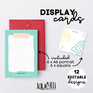 May include: Display cards with editable designs. The image shows a red envelope, a teal card with a white torn paper design, and a white card with abstract yellow and teal lines. Text includes "Logo Here" and "12 Editable Designs."