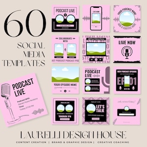 Könnte beinhalten: Eine Sammlung von 60 Social-Media-Vorlagen für Podcasts, mit einem rosa und schwarzen Farbschema. Designs umfassen Podcast-Episodenankündigungen, Live-Show-Werbung und Zitate. Entworfen von Laurelli Design House.