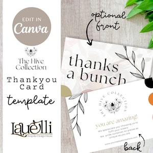 Puede incluir: Una plantilla de tarjeta de agradecimiento con el texto "thanks a bunch" en la parte delantera. La tarjeta presenta un diseño floral y el texto "The Hive Collection". La parte posterior de la tarjeta dice "you are amazing!" e incluye una dirección web.