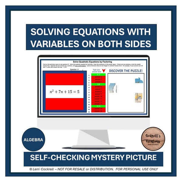 Solving Equations with Variables on Both Sides with Integer Solutions Self-Checking Digital Picture and Printable