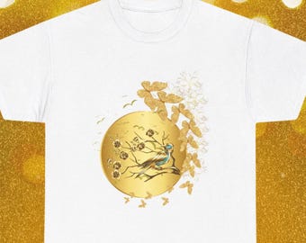 Gold T-Shirt, Sonne und Vögel Shirt, Geschenk für sie, Geschenk für ihn. Mode T-Shirt, Unisex Heavy Cotton Tee