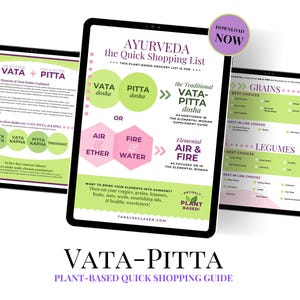 May include: A digital guide for a plant-based diet based on Ayurveda principles. The guide focuses on the Vata-Pitta dosha and includes a list of recommended foods, categorized as best choices and next in line choices. The guide features a green and pink color scheme with the text "Ayurveda the Quick Shopping List" and "Vata-Pitta Plant-Based Quick Shopping Guide".