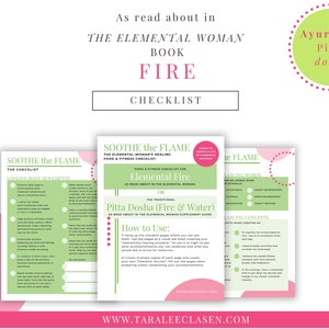 Pitta Dosha, The Elemental Woman book Checklist for FIRE element, Ayurveda Mindful Living Guide, Energy Medicine PDF, Digital Download PDF