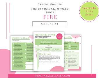 Pitta Dosha, The Elemental Woman book Checklist for FIRE element, Ayurveda Mindful Living Guide, Energy Medicine PDF, Digital Download PDF