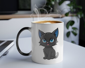 Black cat character mug, black cat coffee mug, black cat on black mug, office gift for her, love cat gift, mug cat, kitten mug, 11oz