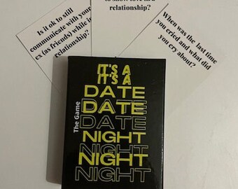 May include: A black box with the words "It's a Date Night" repeated in yellow text. The box is a game for couples.