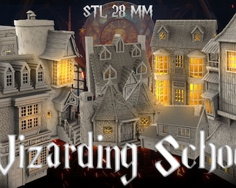 May include: A set of five 28 mm scale 3D printed buildings, designed for use in tabletop role-playing games. The buildings are made of a light gray plastic and feature windows, doors, and other details. The buildings are arranged in a row, with the tallest building in the center. The buildings are labeled "Wizarding School".