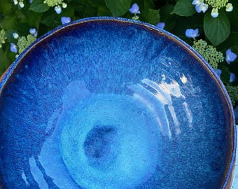 Handmade Ceramic Serving Bowl: Iridescent Blue Organic Drip Glazes