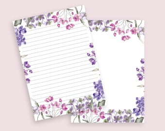 Floral Printable Stationery |A4, US Letter,A5|Printable Lined & Unlined Digital Letter Writing Paper| Penpal |Lined Paper|Instant Download