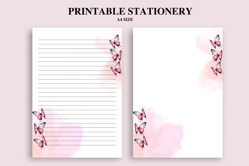 May include: Printable stationery set featuring a pink watercolour background and butterfly illustrations. The set includes two sheets of paper, one with lined paper and one with blank paper. The paper is A4 size.