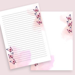 Vlinderontwerp, AFDRUKBAAR briefpapier | A4, US Letter, A5 | Gelinieerd en ongevoerd digitaal briefpapier| Penvriend | Gelinieerd papier | Direct downloaden