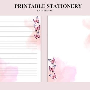 May include: Printable stationery set with a lined sheet and a blank sheet. Both sheets feature a watercolour background with pink butterflies.