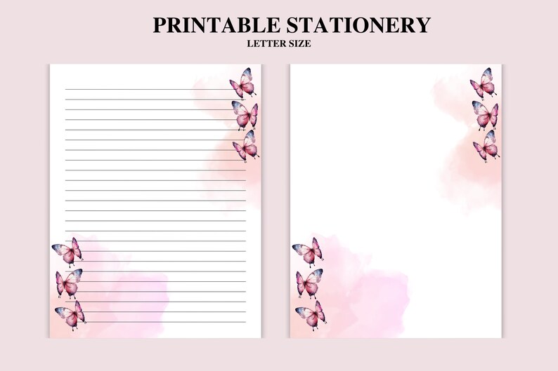 May include: Printable stationery set with a lined sheet and a blank sheet. Both sheets feature a watercolour background with pink butterflies.