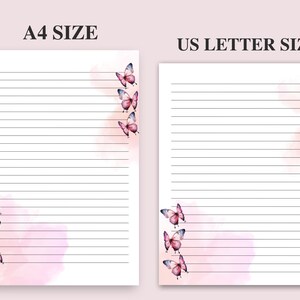 May include: Two printable lined paper templates featuring a watercolour butterfly design. The templates are available in A4 and US Letter sizes.