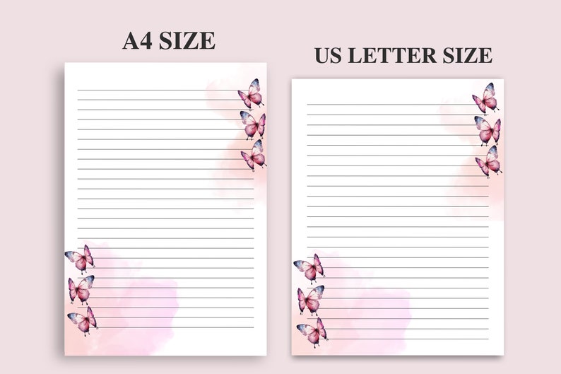 May include: Two printable lined paper templates featuring a watercolour butterfly design. The templates are available in A4 and US Letter sizes.