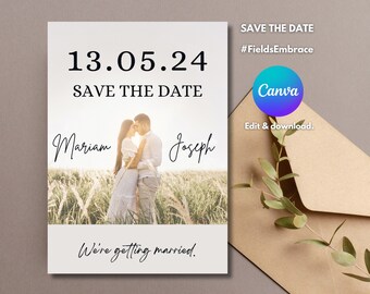 Save The Date Invitation Template - Romantic Image Invite - Editable Canva Template For Digital Download