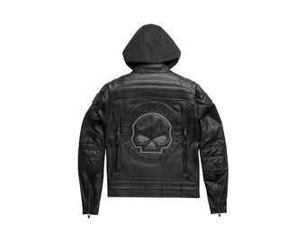 Blouson en cuir Harley-D | Blouson en cuir noir Harley Auroral | Blouson en cuir réfléchissant HD Skull | Blouson de course moto fait main pour homme |