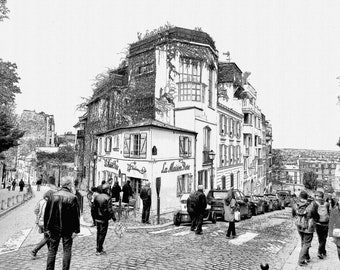 Montmartre Print, Paris Travel Poster, Storefront Sketch Digital Download, Black and White Wall Art, Travel Photography