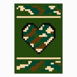 May include: A pixelated design featuring a heart shape in camouflage pattern, set against a green background. The design includes brown, green, and beige pixelated elements. Beige horizontal lines and pixelated shapes border the top and bottom.